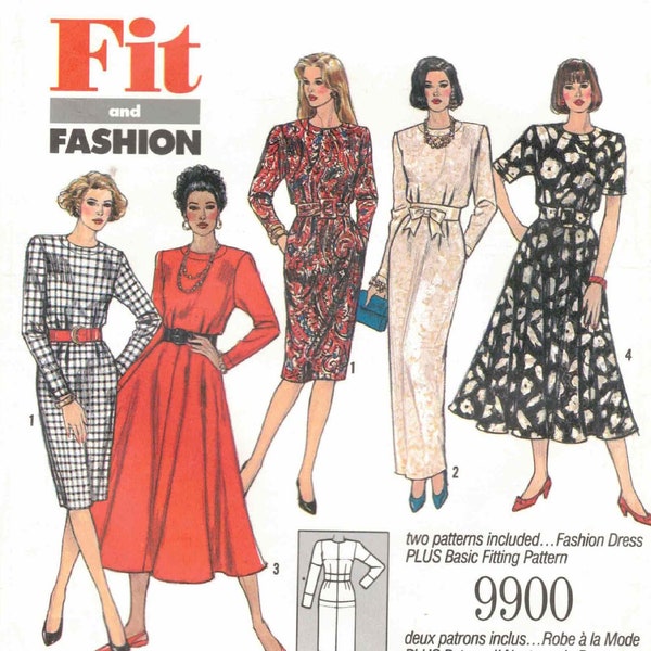 4 Styles 90s Dress & Fitting Dress Jewel Neck Elastic Waist Soft Pleats Side Seam Pockets Vtg Simplicity 9900 Sewing Pattern Size 8 10 12 14