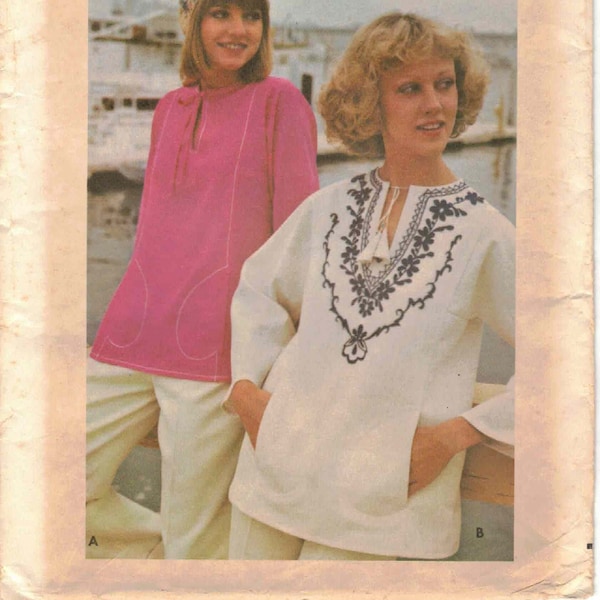 Misses Boho Top & Embroidery Transfer Loose Fit Jewel Neckline Long Sleeves Side Seam Pockets Vtg 70s Butterick 4165 Sewing Pattern Size 10