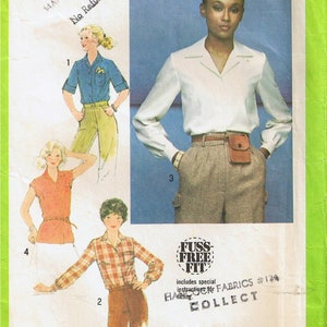 Puede incluir: Un patrón de costura para una blusa con cuello y mangas largas. El patrón se llama Simplicity 8715 y es para una talla de señorita. El patrón incluye instrucciones para un "Ajuste sin problemas".