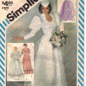 Vestido de novia/vestido de dama de honor con cola desmontable, volante inferior opcional, manga abullonada, escote corazón, estilo vintage de los 80, patrón de costura Simplicity 5724, talla 10.