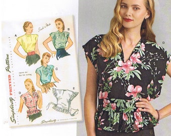 40s Poncho Blouse Top Peplum Ties Neck Variations Easy to Sew Vintage 1940s Simplicity 8593 Sewing Pattern Misses Size 10 12 14 16 18 20