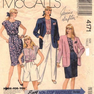 May include: McCall's pattern 4171 for a non-stop wardrobe featuring a dress, a blouse, shorts, a skirt, and two blazers. The illustrations show various outfits including a floral dress, a striped blouse with shorts, and blazers paired with trousers or a skirt.