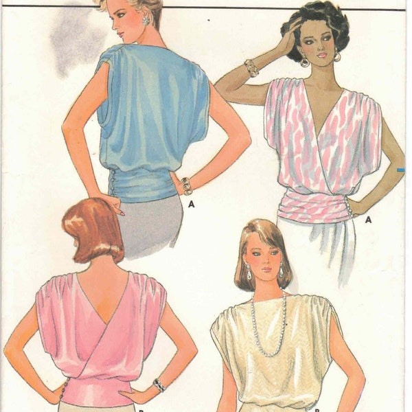 Mock Wrap Blouse Tops With Lower Band Gathered Shoulders Cap Sleeves Boat or V Neck or Back Vtg 80s Butterick 3299 Sewing Pattern Sz 8 10 12