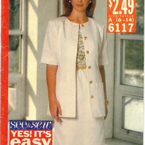 Short Sleeve Jacket Sleeveless Pullover Top Elastic Waist Skirt Easy to Sew Vtg 90s Butterick See & Sew 6117 Sewing Pattern Sz 6 8 10 12 14