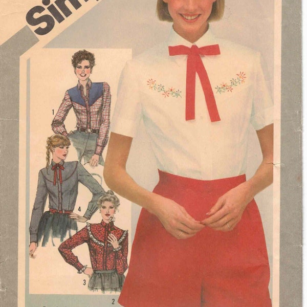 Western Style Shirt & Tie Button Front Short or Long Sleeve With Embroidery Transfer Vtg 80s Simplicity 5107 Sewing Pattern Misses Size 12