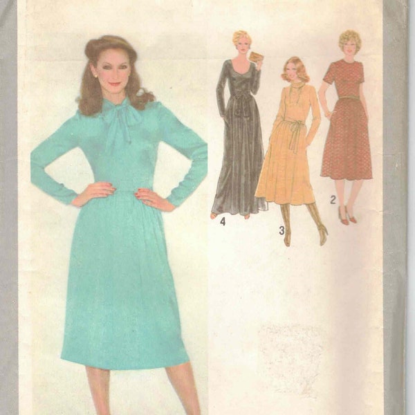 70s Dress or Evening Wear Gown With Tie Belts Side Seam Pockets Long or Short Sleeves Tie or Roll Collar Vtg 70s Sewing Pattern Misses Sz 10
