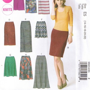 May include: McCall's sewing pattern M6654 featuring various skirt styles. The pattern includes options for easy knit skirts in different lengths and designs, with a model wearing a burgundy pencil skirt. The size range is E5 (14-16-18-20-22).