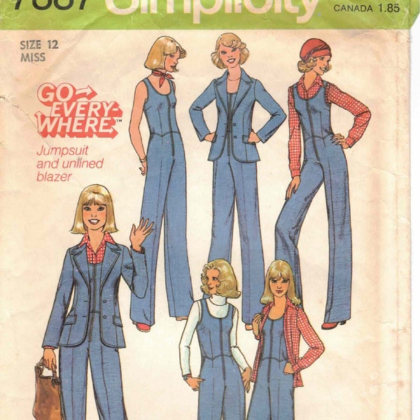 Long Sleeve Blazer Jacket & Jumpsuit Sleeveless Front Zipper Seam Interest Buckle Back Tabs Vtg 70s Simplicity 7887 Sewing Pattern Sz 12