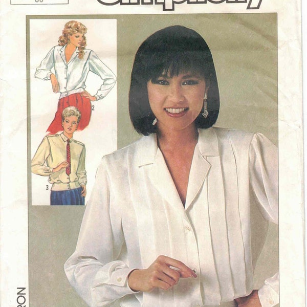 Front Button Blouse Top Shoulder Flange Long Sleeves Cuffs Hip Band Tucks Tie Epaulets Collar Vtg 80s Simplicity 6994 Sewing Pattern Sz 8