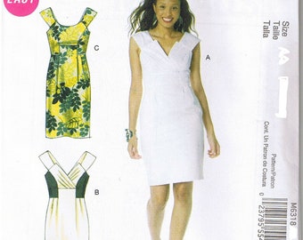 Sleeveless Fitted Dress with Surplice Mock Wrap Upper Bodice or Scoop Neckline Easy to Sew McCalls 6318 Sewing Pattern 6 8 10 12 14 16 18 20