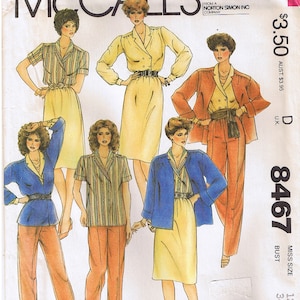80s Suit Wardrobe Jacket Double Breasted Blouse Top Gathered Waistband Slim Skirt Pants Vtg 1980s McCalls 8467 Sewing Pattern Misses Sz 12