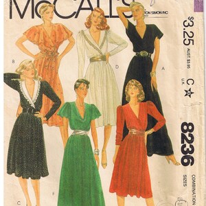 May include: A sewing pattern for a dress with a wrap style bodice and a variety of sleeve options. The pattern is available in sizes 8-10-12, 12-14-16, and 16-18-20. The pattern is called "Cut-to-Fit" and is from McCall's.