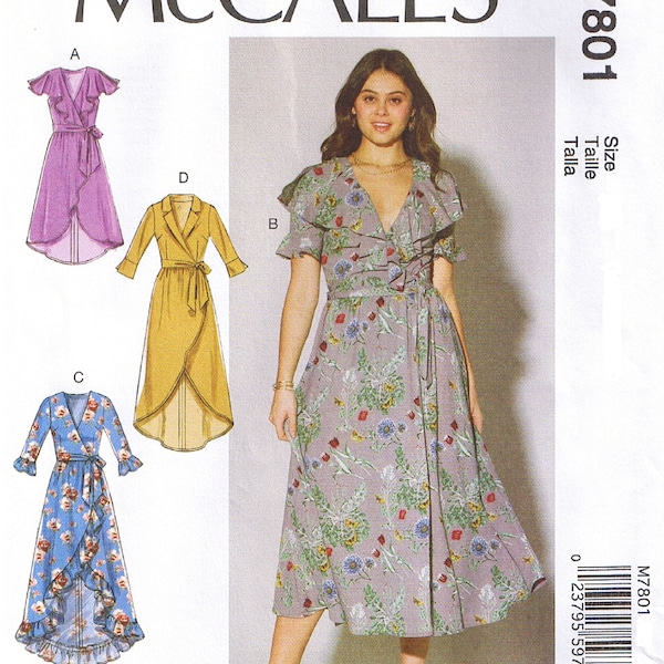 Deep V Neck Dress Side Snap Tie Belt Neck Flounce Hi Low Hem Gathered Ruffle Sleeve Easy to Sew McCall 7801 Sewing Pattern Size 6 8 10 12 14