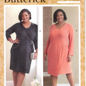 Ajusté Faux Wrap Robe Stretch Tricot Facile à coudre Col en V Manches longues ou trois quarts de longueur Butterick 6781 Patron de couture Plus 18 20 22 24