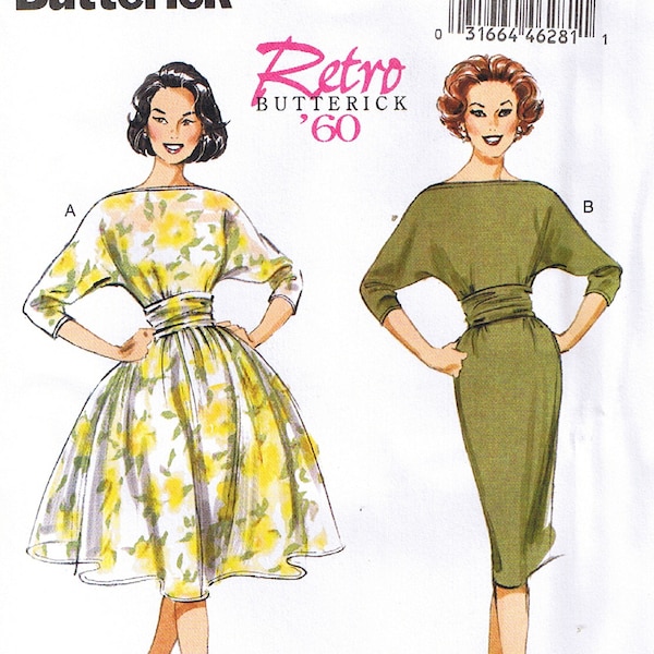 Vtg 60s Pullover Rockabilly Full Skirt or Slim Wiggle Dress Cummerbund Boat Neck Butterick 6242 Sewing Pattern Plus 6 8 10 12 14 16 18 20 22