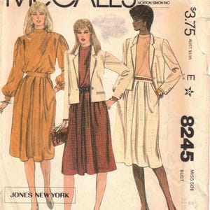 80s Career Suit Wardrobe Jones New York Jacket Blouse & Skirt or 2-Piece Dress Vtg Simplicity 8245 Sewing Pattern Misses Size 8