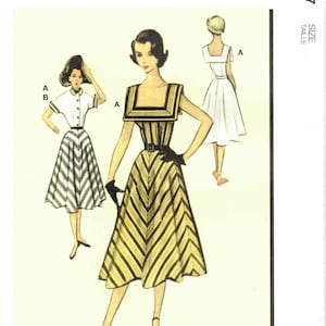 May include: Vintage 1950s sewing pattern for a dress with a square neckline and a striped skirt. The pattern includes instructions for making a matching blouse with short sleeves.