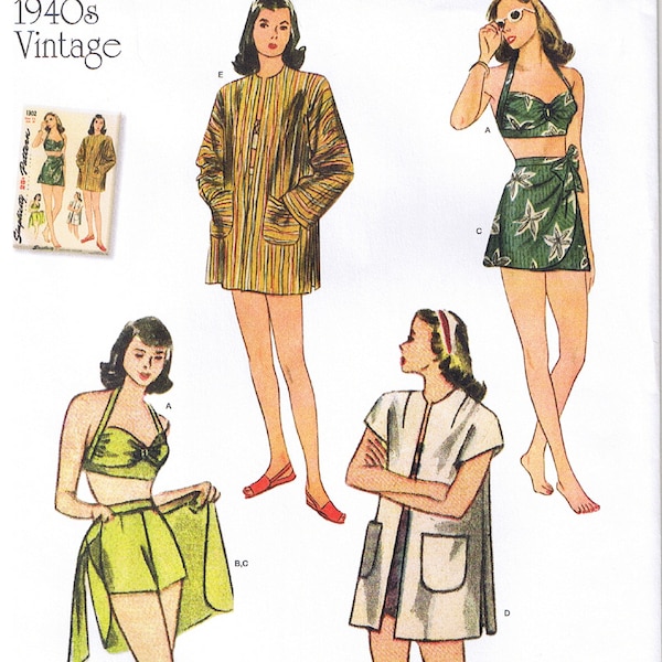 40s 2 Pc Swimsuit Bikini Top Shorts Wrap Skirt Beach Coat Coverup Swimwear Vintage 1940s Simplicity 8932 Sewing Pattern Plus 12 14 16 18 20