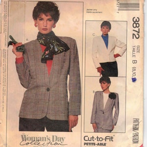 May include: A sewing pattern for a jacket, with three different views of the jacket. The pattern is for sizes 8, 10, and 12. The pattern is called "Cut-to-Fit Petite-Able" and is adjustable for petite women. The pattern is from the Woman's Day Collection.