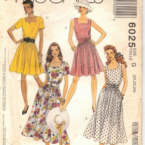 Square Neck Dress Full Skirt Elastic Waist Sleeveless or Short Sleeve Pockets Belt Easy to Sew 90s McCalls 6025 Sewing Pattern Plus 20 22 24