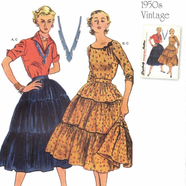 Fitted Top Full Tiered Waistband Skirt Collar V or Bateau Neck Short or Three Quarter Sleeve Vtg 50s Simplicity Sewing Pattern 6 8 10 12 14