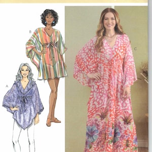 May include: A sewing pattern for three different styles of tops. The pattern is called Butterick B6900. The first top is a short, blue, ruffled top with a tie at the waist. The second top is a short, multi-colored, striped top with a tie at the waist. The third top is a long, pink, floral print top with a tie at the waist.