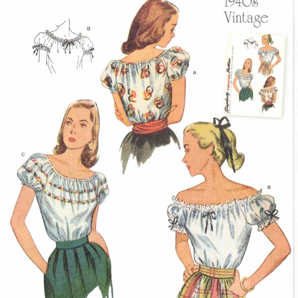 40s Pullover Blouse Top On or Off the Shoulder Elastic Neck Puffed Sleeve Vtg Simplicity 9538 Sewing Pattern Plus 4 6 8 10 12 14 16 18 20 22