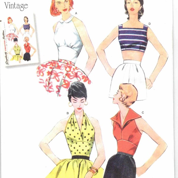 Halter & Square Neck Sun Tops Midriff V Neck Small Pointed Collar Vtg 50s Retro Simplicity 8645 Sewing Pattern Sz 4 6 8 10 12 14 16 18 20 22