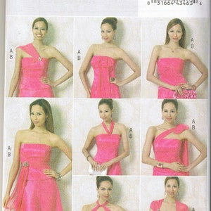 Puede incluir: Un patrón de costura para un vestido rosa con diferentes opciones de escote. El patrón es para la talla B5492 y es de Butterick.