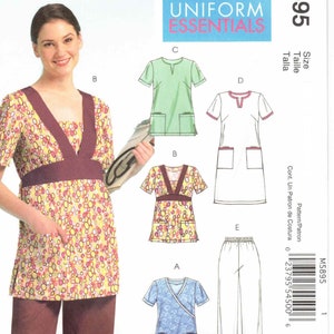May include: A sewing pattern for five pieces of clothing, including a tunic, a top, a dress, a scrub top, and pants. The pattern is for uniform essentials and is labeled McCall's M5895.