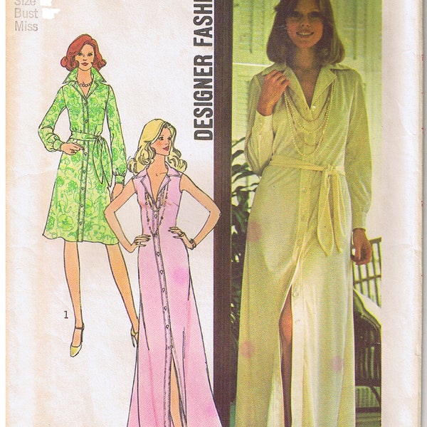 70s Button Front Dress Sleeveless or Long Sleeve Notched Collar Knee or Maxi Length Vtg 1970s Simplicity 6894 Sewing Pattern Misses Plus 16