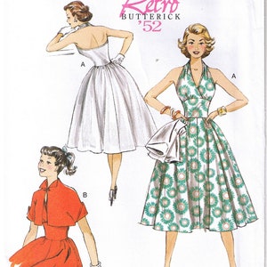 May include: A vintage sewing pattern for a dress with two different styles. The first style is a white halter dress with a full skirt. The second style is a green floral halter dress with a full skirt. The pattern is from Butterick and is labeled "Retro '52".
