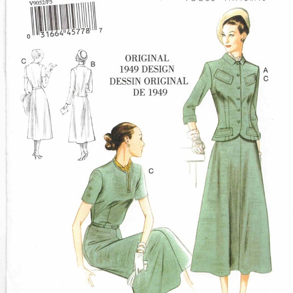 40s Suit Button Front Jacket Pullover Fitted Round Neck With Slit Dress & Belt Vogue Vintage Model 9052 Sewing Pattern Plus 16 18 20 22 24