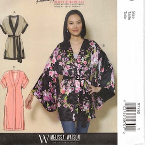 May include: McCall's M7790 sewing pattern featuring a woman wearing a floral kimono. The pattern includes three garment options, with the main image showcasing a black kimono with pink and purple floral print. The pattern also includes the text "The Palmer/Pletsch Tissue Fitting Method."