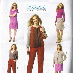 May include: A sewing pattern for a women's clothing set, featuring a pink dress, a red pantsuit, and a beige cardigan. The pattern is called "Lifestyle Wardrobe" and is from Butterick, pattern number B5821.