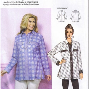 May include: Butterick B6465 sewing pattern for women's shirts. The pattern features a long-sleeved shirt with a collar and button-down front. The image shows a woman wearing a blue floral print shirt and a black and white polka dot shirt.