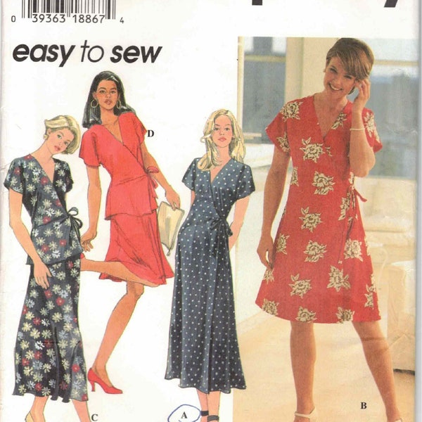 Easy to Sew Dress Top & Skirt Wrap Front V Neck Side Ties Short Sleeve Knee or Midi Length Vtg 90s Simplicity 7111 Sewing Pattern Size 4 6 8