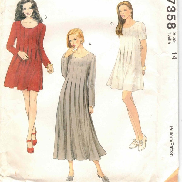 A Line Pleated Dress Loose Fit Long or Short Sleeve Back Zipper Above Knee or Midi Length Vtg 90s McCalls 7358 Sewing Pattern Misses Size 14