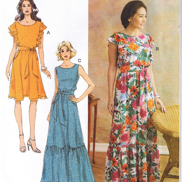 Sleeveless Elastic Waist Dress With Flounce & Lower Ruffle Hem Side Slant Pocket Sash Easy to Sew Butterick 6677 Sewing Pattern 6 8 10 12 14