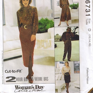 May include: A sewing pattern for a two-hour bottom, featuring a woman wearing a brown and black patterned blouse with a brown skirt. The pattern is from McCall's Woman's Day Collection and is size D (12, 14, 16).