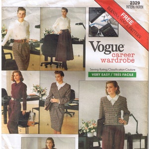 May include: A vintage sewing pattern for a career wardrobe. The pattern is for a skirt suit with a plaid skirt and a white blouse. The pattern is from Vogue and is rated as very easy to sew.