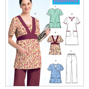 May include: McCall's Uniform Essentials sewing pattern for a scrub top and trousers. The pattern includes five different styles: a V-neck top with a contrasting band, a scoop neck top with a contrasting band, a scoop neck top with a contrasting band, a tunic top with a contrasting band, and a pair of trousers.
