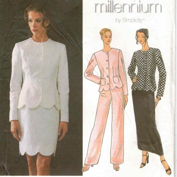 Wardrobe Long Sleeve Fitted Jacket Scalloped Hem High Waist Straight Leg Pants & Midi or Above Knee Skirt Simplicity Sewing Pattern 12 14 16