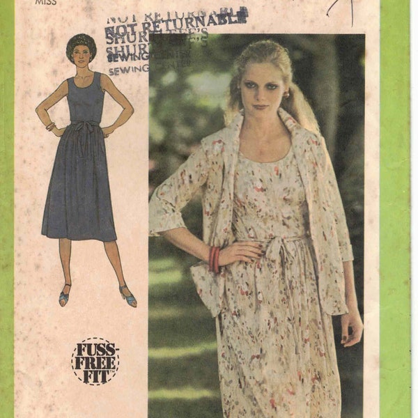 Sleeveless Dress Gathered Skirt Self Tie Belt Jacket With Collar Elbow Sleeves Turn Back Cuffs & Pockets Vtg 70s Sewing Pattern Misses Sz 10