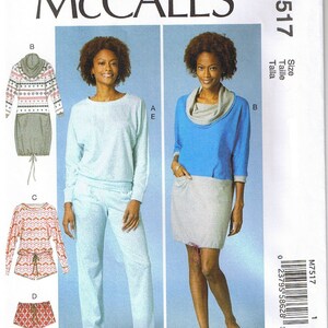 May include: Sewing pattern for a women's top and pants. The pattern includes a cowl neck top, a long-sleeved top, and pants. The pattern is for sizes 6-14.