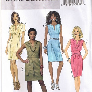 Easy to Sew Fitted Dress Neckline Slit Ruffles Sleeveless or Short Sleeve Belt A B C D Cup Sizes Sewing Pattern 8 10 12 14 16 18 20 22
