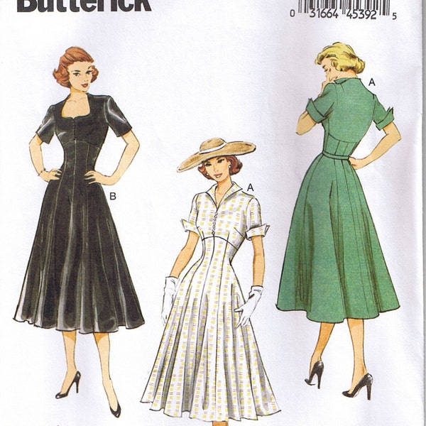 50s Rockabilly Raised Waist Princess Seam Dress Fit Flared Skirt Short Sleeve Vintage 1950 Butterick 6018 Sewing Pattern Plus 14 16 18 20 22