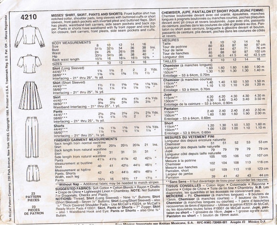 Vintage 80s Top Button Up Down Front Shirt Notched Collar Pleated Skirt Cuffed Cuff Pants Shorts McCalls 4210 Sewing Pattern Misses Size 10