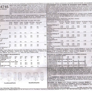 May include: A sewing pattern for men's Civil War costumes, including fitted coats with buttons and pleats, and trousers. Measurements are in inches. The pattern includes suggested fabrics and notions.