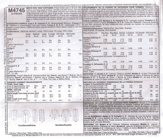 Mens Civil War Military Soldier Uniform Reenactment Coat Pants Trousers  Mccalls 4745 Costume Sewing Pattern Size XL XXL XXXL 46 48 50 52 